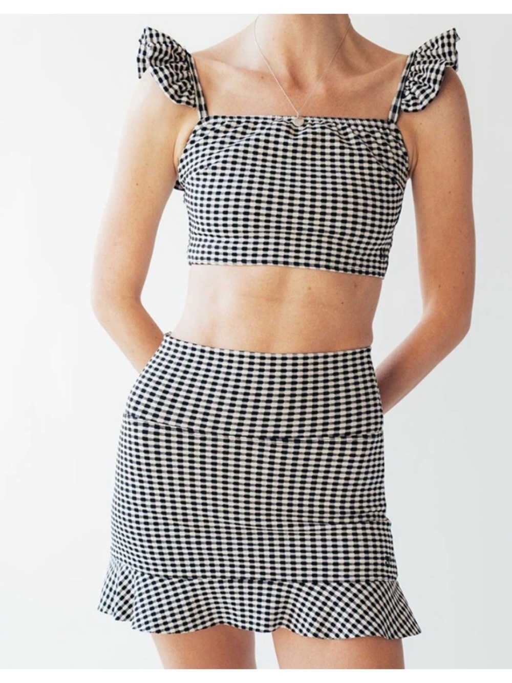 Albion Fit Hamptons High Waisted Gingham Swim Skirt black white small